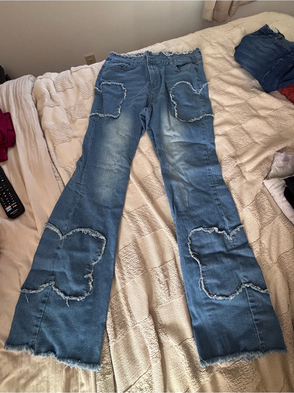 SHEIN Blue Flare Jeans with Frayed Heart Patches